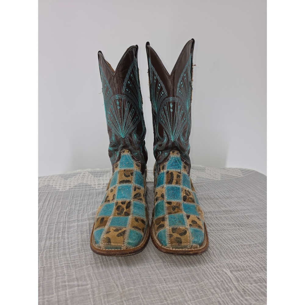 Corral Womens Patchwork Cowboy Boots Turquoise Leopard Hair on Hide 7B A2334